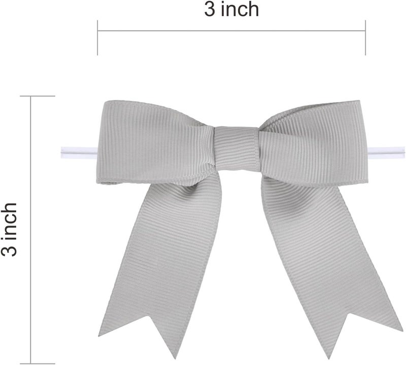 Meseey 50 Pcs 3 Inches Grosgrain Ribbon Twist Tie Bows Light Silver Pretied Premade Craft Bows for Treat Bags Gift Wrapping Basket Wedding Baby Shower Brithday Christmas Party (Light Silver) - Image 2